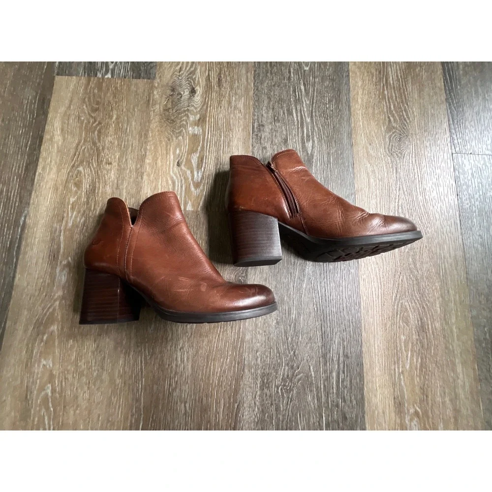 Born Ankle Boots Womens 8 Brown Good Leather Block Heel Side Zip Booties - Picture 4 of 9